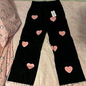 Pink Heart Print Black Straight Jeans